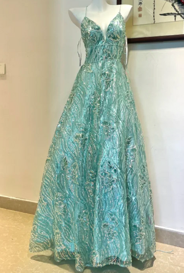 Niulatu Blue Spaghetti Strap A-Line Long Prom Dresses, Backless Formal Dresses HZ1026